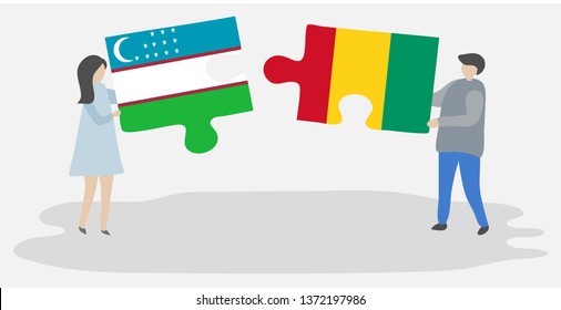 Couple holding two puzzles pieces with Uzbek and Guinean flags. Uzbekistan and Guinea national symbols together.