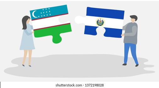 Couple holding two puzzles pieces with Uzbek and Salvadoran flags. Uzbekistan and El Salvador national symbols together.