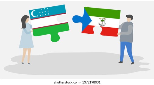 Couple holding two puzzles pieces with Uzbek and Equatorial Guinean flags. Uzbekistan and Equatorial Guinea national symbols together.
