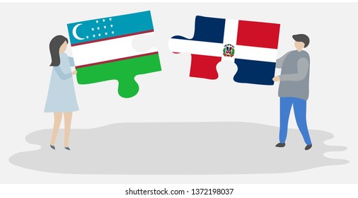 Couple holding two puzzles pieces with Uzbek and Dominican flags. Uzbekistan and Dominican Republic national symbols together.