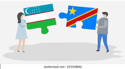 Couple holding two puzzles pieces with Uzbek and Congolese flags. Uzbekistan and Democratic Republic of the Congo national symbols together.