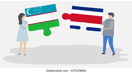 Couple holding two puzzles pieces with Uzbek and Costa Rican flags. Uzbekistan and Costa Rica national symbols together.