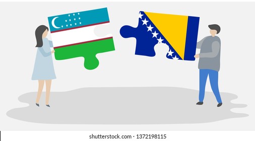 Couple holding two puzzles pieces with Uzbek and Bosnian flags. Uzbekistan and Bosnia and Herzegovina national symbols together.