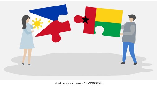 Couple holding two puzzles pieces with Filipino and Bissau-Guinean flags. Philippines and Guinea-Bissau national symbols together.