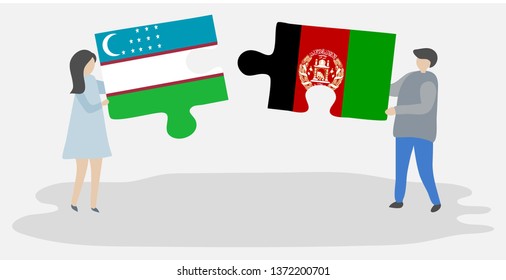 Couple holding two puzzles pieces with Uzbek and Afghan flags. Uzbekistan and Afghanistan national symbols together.
