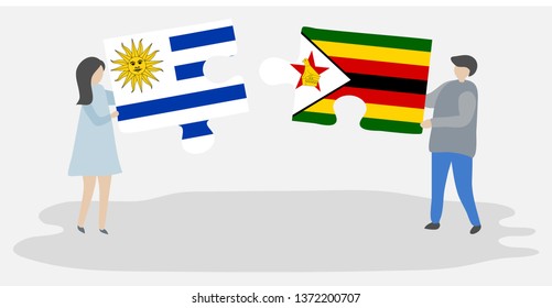 Couple holding two puzzles pieces with Uruguayan and Zimbabwean flags. Uruguay and Zimbabwe national symbols together.