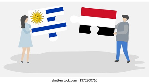 Couple holding two puzzles pieces with Uruguayan and Yemeni flags. Uruguay and Yemen national symbols together.
