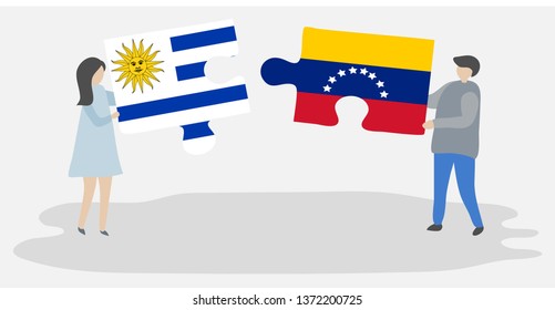 Couple holding two puzzles pieces with Uruguayan and Venezuelan flags. Uruguay and Venezuela national symbols together.