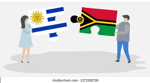 Couple holding two puzzles pieces with Uruguayan and Vanuatuan flags. Uruguay and Vanuatu national symbols together.