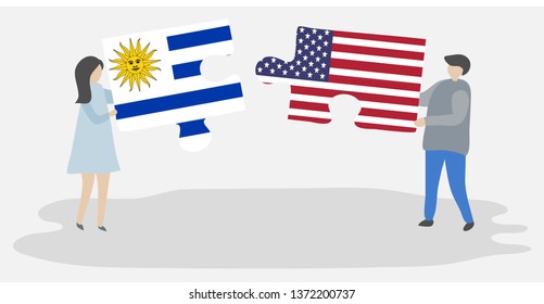 Couple holding two puzzles pieces with Uruguayan and American flags. Uruguay and United States of America national symbols together.
