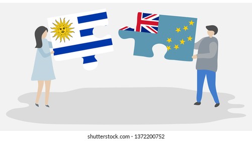 Couple holding two puzzles pieces with Uruguayan and Tuvaluan flags. Uruguay and Tuvalu national symbols together.