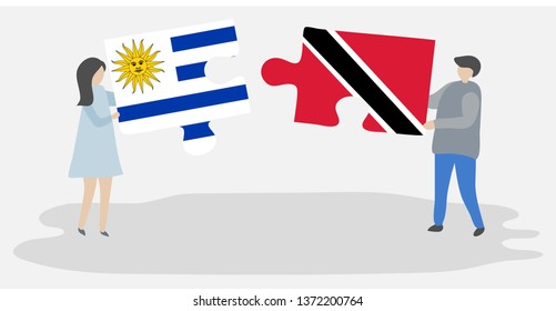 Couple holding two puzzles pieces with Uruguayan and Trinidadian flags. Uruguay and Trinidad and Tobago national symbols together.