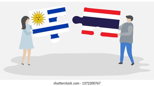 Couple holding two puzzles pieces with Uruguayan and Thai flags. Uruguay and Thailand national symbols together.