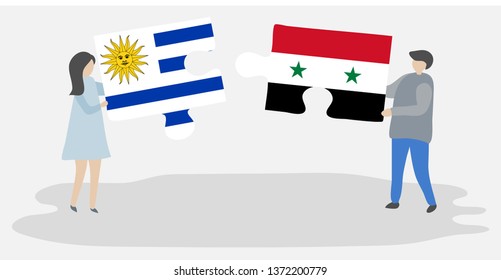 Couple holding two puzzles pieces with Uruguayan and Syrian flags. Uruguay and Syria national symbols together.