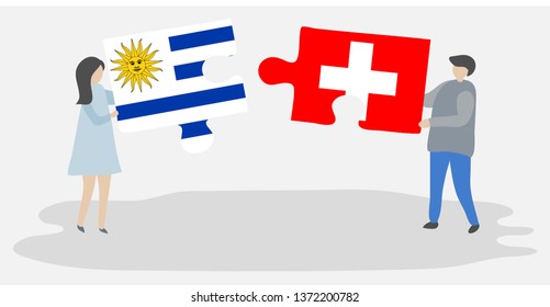 Couple holding two puzzles pieces with Uruguayan and Swiss flags. Uruguay and Switzerland national symbols together.