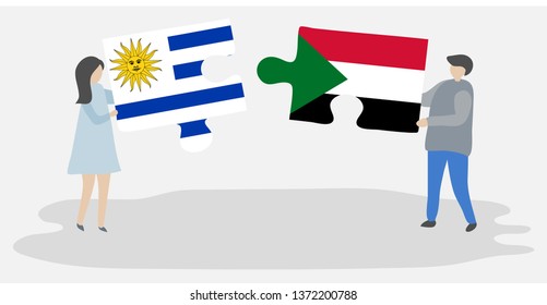 Couple holding two puzzles pieces with Uruguayan and Sudanese flags. Uruguay and Sudan national symbols together.