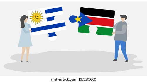 Couple holding two puzzles pieces with Uruguayan and South Sudanese flags. Uruguay and South Sudan national symbols together.