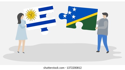 Couple holding two puzzles pieces with Uruguayan and Solomon Island flags. Uruguay and Solomon Islands national symbols together.