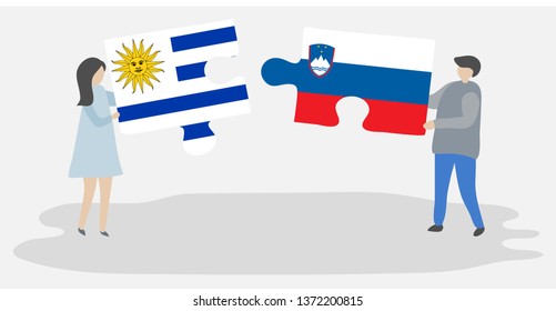 Couple holding two puzzles pieces with Uruguayan and Slovenian flags. Uruguay and Slovenia national symbols together.