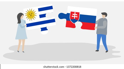 Couple holding two puzzles pieces with Uruguayan and Slovak flags. Uruguay and Slovakia national symbols together.