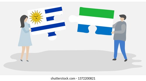 Couple holding two puzzles pieces with Uruguayan and Sierra Leonean flags. Uruguay and Sierra Leone national symbols together.