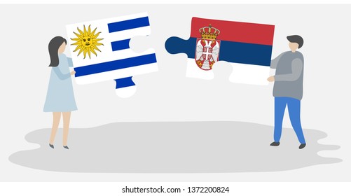 Couple holding two puzzles pieces with Uruguayan and Serbian flags. Uruguay and Serbia national symbols together.