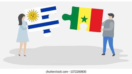Couple holding two puzzles pieces with Uruguayan and Senegalese flags. Uruguay and Senegal national symbols together.