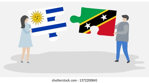 Couple holding two puzzles pieces with Uruguayan and Kittitian flags. Uruguay and Saint Kitts and Nevis national symbols together.