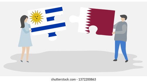 Couple holding two puzzles pieces with Uruguayan and Qatari flags. Uruguay and Qatar national symbols together.