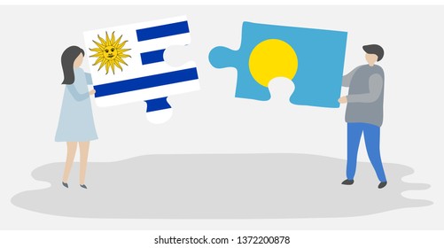 Couple holding two puzzles pieces with Uruguayan and Palauan flags. Uruguay and Palau national symbols together.