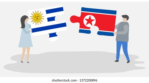 Couple holding two puzzles pieces with Uruguayan and North Korean flags. Uruguay and North Korea national symbols together.
