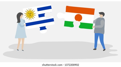 Couple holding two puzzles pieces with Uruguayan and Nigerien flags. Uruguay and Niger national symbols together.