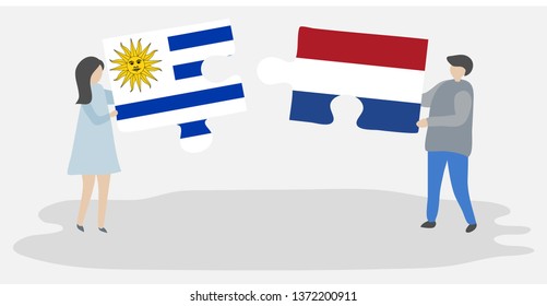 Couple holding two puzzles pieces with Uruguayan and Dutch flags. Uruguay and Netherlands national symbols together.