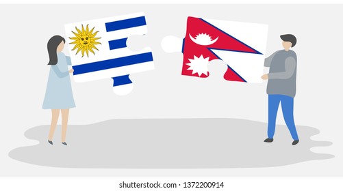 Couple holding two puzzles pieces with Uruguayan and Nepalese flags. Uruguay and Nepal national symbols together.