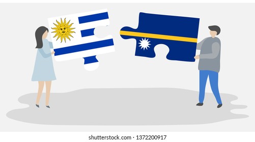 Couple holding two puzzles pieces with Uruguayan and Nauruan flags. Uruguay and Nauru national symbols together.