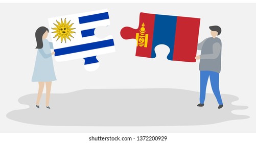 Couple holding two puzzles pieces with Uruguayan and Mongolian flags. Uruguay and Mongolia national symbols together.