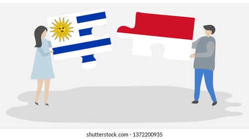 Couple holding two puzzles pieces with Uruguayan and Monegasque flags. Uruguay and Monaco national symbols together.