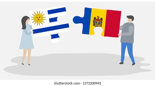 Couple holding two puzzles pieces with Uruguayan and Moldovan flags. Uruguay and Moldova national symbols together.