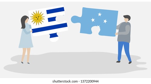Couple holding two puzzles pieces with Uruguayan and Micronesian flags. Uruguay and Micronesia national symbols together.