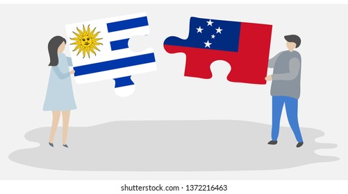 Couple holding two puzzles pieces with Uruguayan and Samoan flags. Uruguay and Samoa national symbols together.