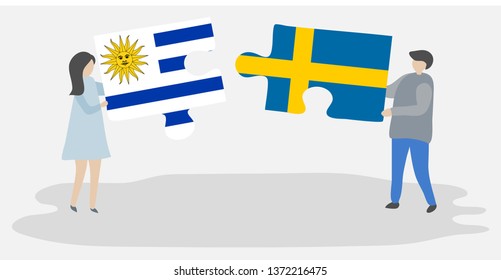 Couple holding two puzzles pieces with Uruguayan and Swedish flags. Uruguay and Sweden national symbols together.