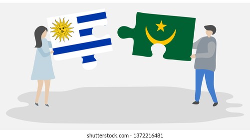Couple holding two puzzles pieces with Uruguayan and Mauritanian flags. Uruguay and Mauritania national symbols together.