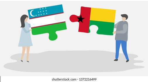 Couple holding two puzzles pieces with Uzbek and Bissau-Guinean flags. Uzbekistan and Guinea-Bissau national symbols together.