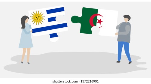 Couple holding two puzzles pieces with Uruguayan and Algerian flags. Uruguay and Algeria national symbols together.