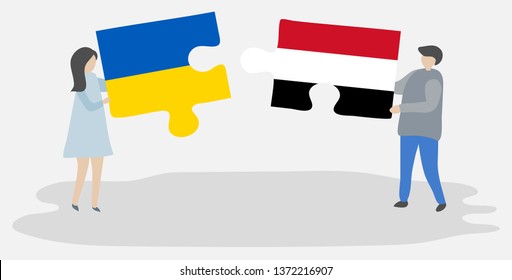 Couple holding two puzzles pieces with Ukrainian and Yemeni flags. Ukraine and Yemen national symbols together.