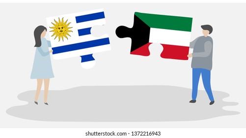 Couple holding two puzzles pieces with Uruguayan and Kuwaiti flags. Uruguay and Kuwait national symbols together.
