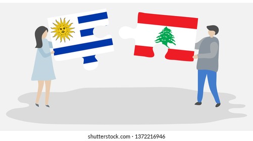 Couple holding two puzzles pieces with Uruguayan and Lebanese flags. Uruguay and Lebanon national symbols together.