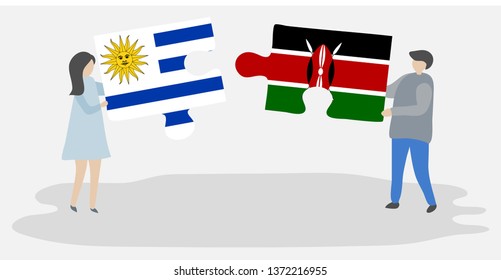 Couple holding two puzzles pieces with Uruguayan and Kenyan flags. Uruguay and Kenya national symbols together.