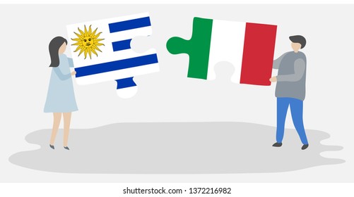 Couple holding two puzzles pieces with Uruguayan and Italian flags. Uruguay and Italy national symbols together.
