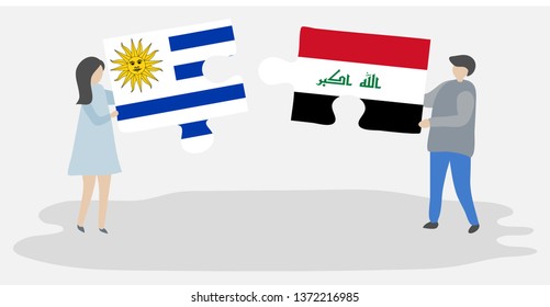 Couple holding two puzzles pieces with Uruguayan and Iraqi flags. Uruguay and Iraq national symbols together.